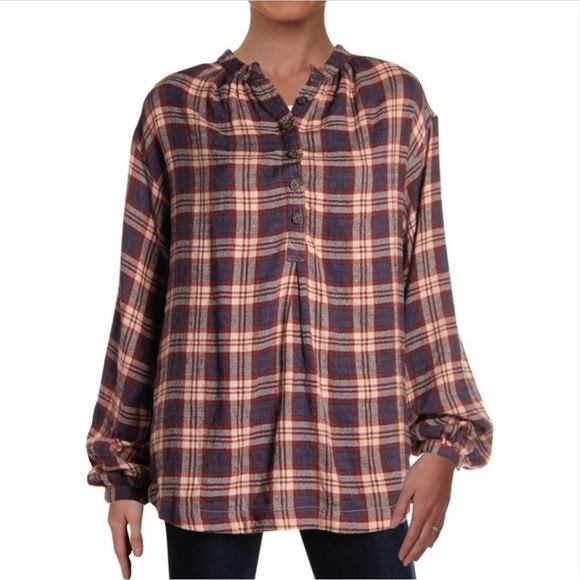 Free People Northern Bound Plaid Popover Button Up Top Small Fall - Picture 3 of 8